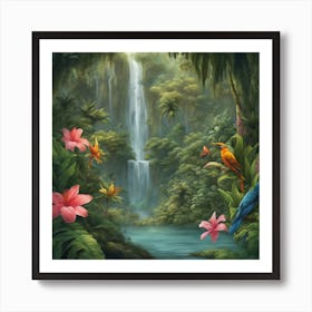Tropical Jungle With Waterfall Art Print