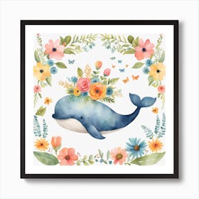 Floral Baby Whale Nursery Illustration (17) Art Print