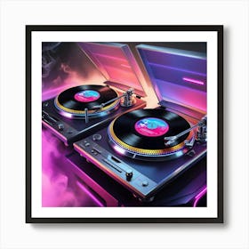 A Highly Detailed, Ultra High Resolution Illustration Of Two Vintage Turntables Spinning Vinyl Records, Blasting Vibrant, Neon Lit 80 S Music, Set Against A Moody, Smoky Background With Subtle Gradient Effects 2 Art Print