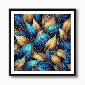 Blue And Gold Leaves Art Print