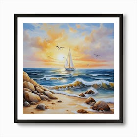 Oil painting design on canvas. Sandy beach rocks. Waves. Sailboat. Seagulls. The sun before sunset.35 Art Print