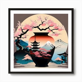 Flower Vase Decorated with Japanese, Brown, Red and Pink Landscape Art Print