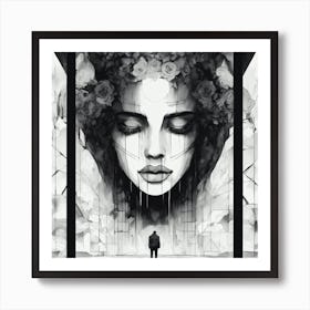 Woman With Flowers On Her Head Black And White Abstract Art Art Print