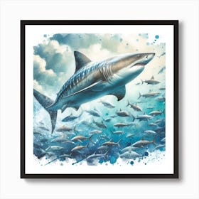 Sea Shark In Motion, Sea Shark Watercolour Art Print 1 Affiche