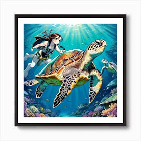 Scuba Diving With A Turtle Art Print