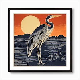 Retro Bird Lithograph Great Blue Heron 7 Art Print