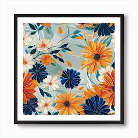 Orange And Blue Flowers Art Print