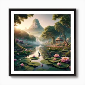 A Tranquil And Enchanting View Of The Vrindavan Forest, Featuring A Serene Lotus Pond And The Iconic Govardhan Hill Art Print