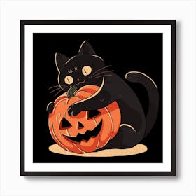 Pumpkin Embrace Black cat Art Print