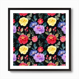 Vibrant and Chic: Free Seamless Watercolor Floral Pattern on Black Background for Your Creative Projects Art Print