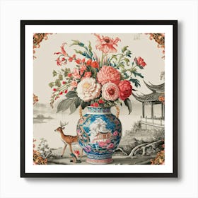 Chinoiserie vase and flowers and deer, traditional art style Art Print