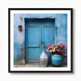 Blue wall. An old-style door in the middle, silver in color. There is a large pottery jar next to the door. There are flowers in the jar Spring oil colors. Wall painting.14 Art Print