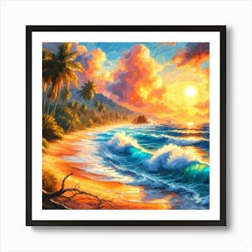 Oil Texture Tropical Beach At Sunset 4 Art Print