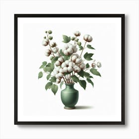 "A Serene Still Life of Cotton Blossoms in a Green Vase, Capturing the Essence of Nature's Delicate Beauty Art Print