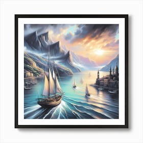 Sunset Sailboats Art Print