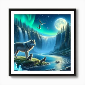 Wolf Family by Waterfall Under Full Moon and Aurora Borealis 2 Poster