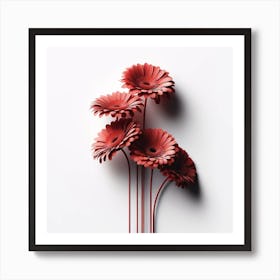 "Sculptural Flora: Red Gerbera Daisies in Relief"  'Sculptural Flora: Red Gerbera Daisies in Relief' is an artistic expression that elevates the natural beauty of Gerbera daisies into a three-dimensional visual experience. The rich, red blossoms emerge from the shadows, creating a striking contrast against the clean background. This piece combines the organic charm of flowers with the sophistication of modern design, making it an elegant addition to any space that seeks to blend elements of nature with contemporary aesthetics. The image's depth and texture invite close inspection and are sure to spark conversations, perfect for a focal point in a living area, reception space, or gallery wall. Art Print