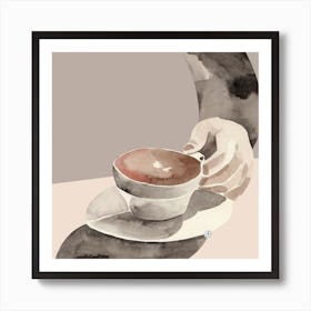 Cup Of Coffee Watercolor Artwork Beige Hand Painted Cafe Kitchen Square Art Print