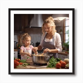 Photo Mother And Daughter Cooking At The 2 Art Print