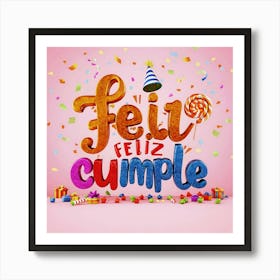 Feliz cumple and Feliz cumpleaños sign means Happy Birthday in Spanish language, Birthday party celebration gift  with birthday cake candle colorful balloons best congratulation over light backgroundFlz (5) Art Print