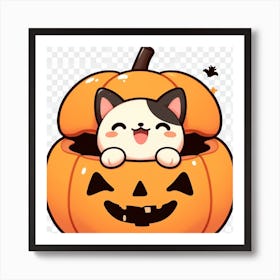 Kawaii Cute Halloween Cat Smiling Happy Anime Cartoon Styled Art Print