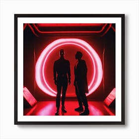 Two Men Standing In Front Of A Red Circle Poster