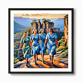 Three Sisters Walk Australia Cubism Art Art Print