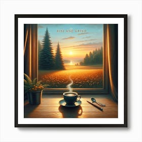 Rise And Grind Coffee Lover Wall Print Art A Peaceful And Inspiring Depiction Of The Perfect Coffee Moment, Ideal For Adding A Sense Of Tranquility And Motivation To Any Space Art Print