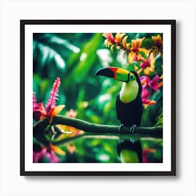 Toucan amongst the Green Leaves and Exotic Flowers of the Rainforest Art Print