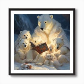 Mom Polar Bear Reading To Her Babies  1 Art Print