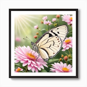 Butterfly On Pink Daisies Art Print