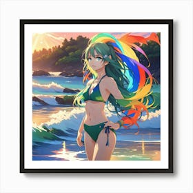 Anime Girl Enjoying her Final Beach Day Art Print