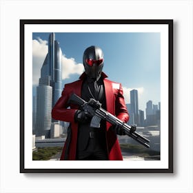 The Image Depicts A Man In A Black Suit And Helmet Standing In Front Of A Large, Modern Cityscape 3 Art Print