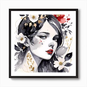 Selective Colour Portrait Of A Gorgeous Girl With Red And Gold Flower Square Format Art Print