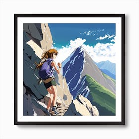 Anime Girl Climbing A Mountain Art Print