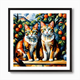 Two Cats With Oranges Modern Art Cezanne Inspired Art Print