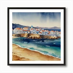 Watercolour Of A Village.Summer on a Greek island. Sea. Sand beach. White houses. Blue roofs. The beauty of the place. Watercolor. Art Print