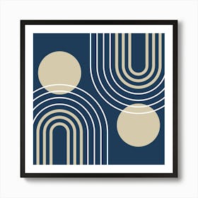 Mid Century Modern Geometric B33 In Navy Blue And Beige (Rainbow And Sun Abstract) 02 Art Print