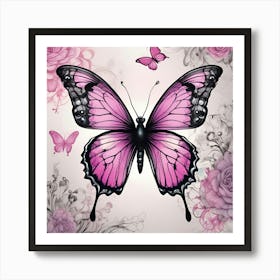 Pink Butterfly With Roses Art Print