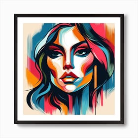 Portrait Art: A Bright and Stylish Abstract Painting of a Woman’s Face with Geometric Elements and Colors Art Print