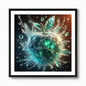 Whimsical Water Dance: Hyper-Realistic Apple Bathed in Sunlight and Gemstone Glow Art Print