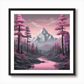 Pink Mount Everest Nepal Forest and Mountain Silhouette Landscape Art Print