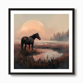 , Distant Brown Horse Looking Ahead In A Misty Mauve Colored Marsh With Water Visible, Early Morning Sunrise, Sun In Background, Mauve Color Scheme, Misty Fog, Soft Colors, Natural Lighting, Attention To Detail, Digital Painting, Rou Poster