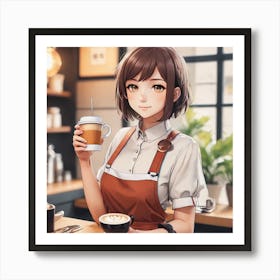 Anime Girl Holding A Cup Of Coffee 1 Art Print