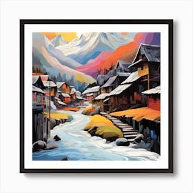 Abstract painting snow mountain and wooden hut 7 Art Print