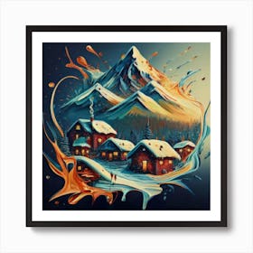 Abstract painting of a mountain village with snow falling 12 Art Print