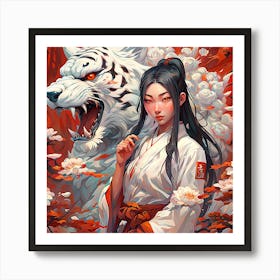 beatiful Asian Girl With big white Tiger Art Print