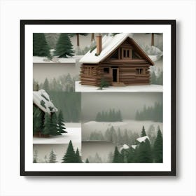 Small wooden hut inside a dense forest of pine trees with falling snow 6 Art Print