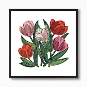 Red & Pink Tulips Square Art Print