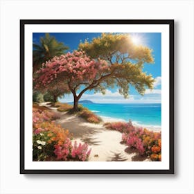 Beach Scene With Flowers Art Print